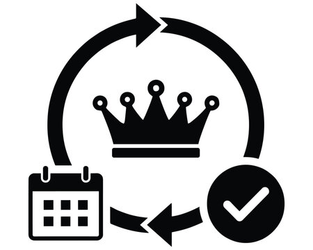 Flat icon featuring a crown with a calendar and checkmark symbol representing recurring premium subscription service.