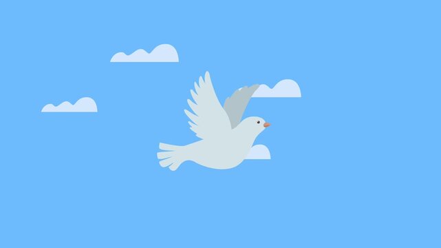 Peaceful white dove flies through bright blue sky with fluffy clouds.