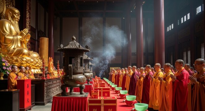 Buddhist monks praying during a temple blessing ceremony with incense smoke and a golden sage statue
