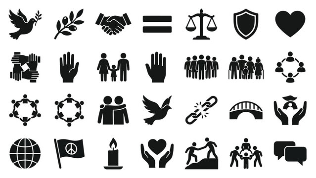 Black silhouette collection of peace, unity, and social issue icons for humanitarian concepts