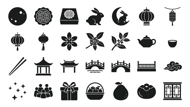 Mid autumn festival traditional line and solid icon set for eastern holiday design