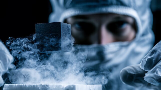 939. A candid photo of a researcher wearing cleanroom gear observing a magnetic levitation experiment. A dark ceramic superconductor floating effortlessly above a frozen nitrogen block, frost 