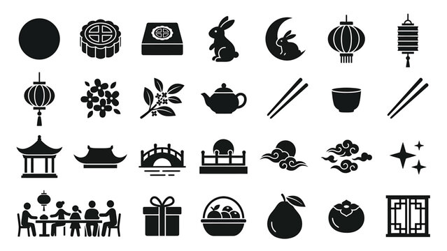 Traditional Mid Autumn Festival black icons set showcasing oriental food celebration customs and cultural symbols