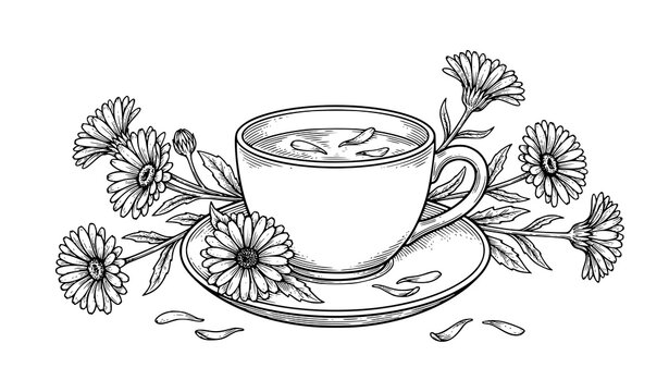Calendula Flower Herbal Infusion Ceramic Teacup Vintage Engraved Vector