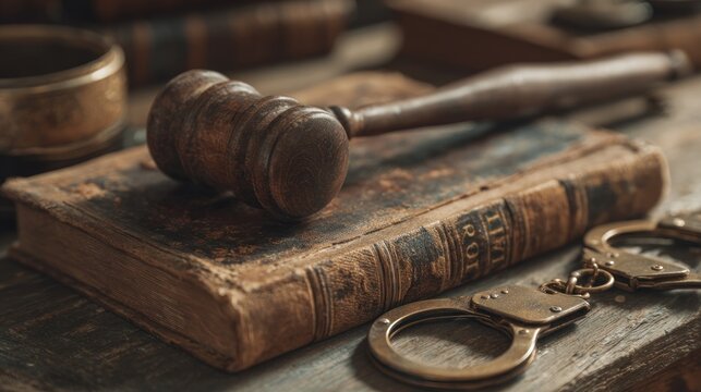 Wooden gavel resting on a law book with handcuffs suggesting justice legal concept