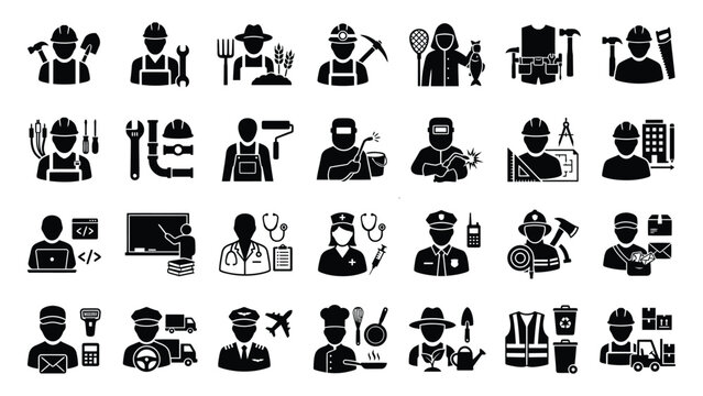 Diverse industry careers and professional workforce silhouette icons