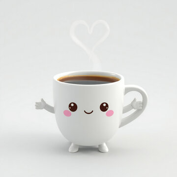 Cute Kawaii Coffee Mug Character with Heart Shaped Steam and Smiling Face