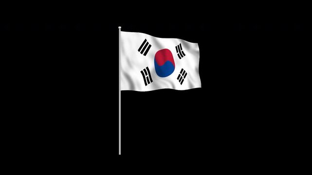 Animation of the South Korea flag fluttering on a flagpole against a transparent background in 4K