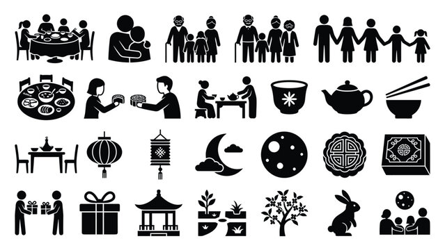 Mid Autumn Festival celebration icon set featuring traditional family gathering symbols cultural snacks and oriental holiday elements