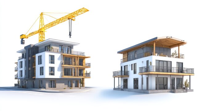 Modern residential buildings under construction with crane white background
