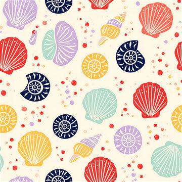 Vibrant seashells create a seamless pattern on a light background