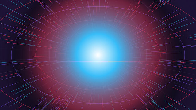 Abstract cosmic expansion background with red blue lines radiating from bright star core.