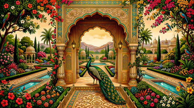 An ornate mughal garden scene features a peacock standing within a decorative archway and lush landscaping architecture floral palace