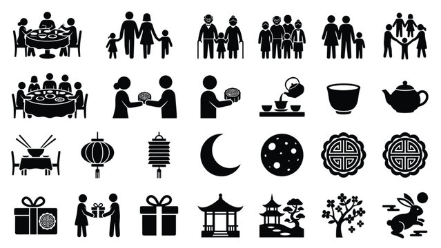 Black silhouette collection of family and festive gathering icons with moon and lantern symbols for cultural celebrations