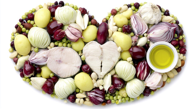 Healthy diet food arranged in heart shape with vegetables fish and olive oil