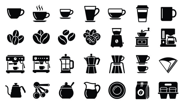 Collection of coffee related icons, including cups, beans, grinders, and brewing equipment