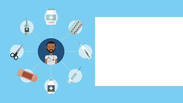 Medical professional surrounded by essential healthcare items, dynamic animation with copy space.