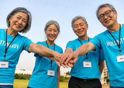 Senior Volunteers Joining Hands Together Outdoors