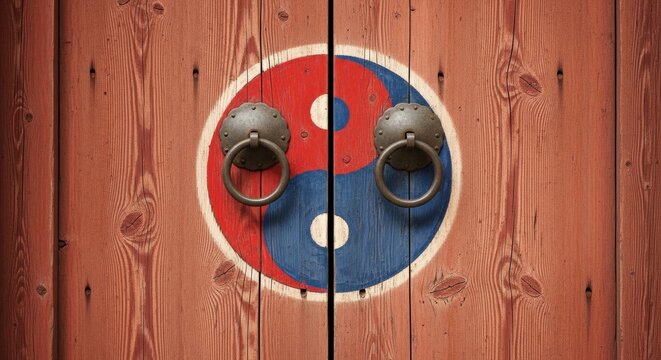 Detailed close up of traditional temple doors with a red and blue yin yang symbol on weathered timber and iron knockers