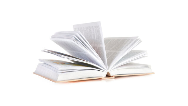 Open book with fanning pages isolated on white background