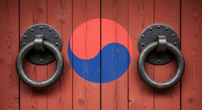 Close up of a traditional wooden gate with red stained planks and central taegeuk emblem with iron ring knockers