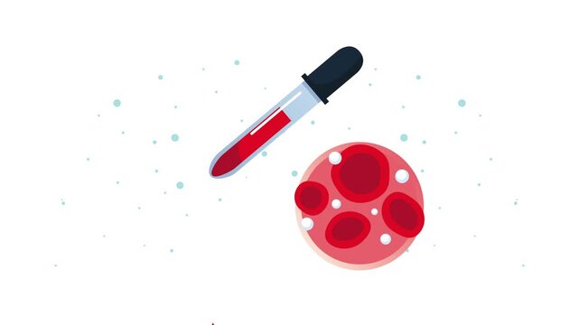 Medical pipette dripping blood into petri dish with human cells for laboratory research and clinical diagnostic analysis.