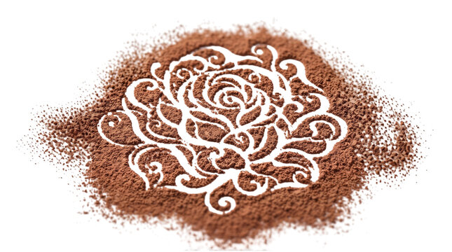 Brown powder stencil of ornate rose pattern on transparent background for creative embellishments.