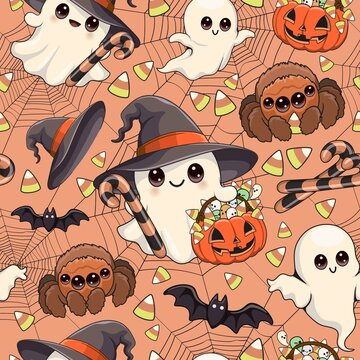 Cute Halloween Ghost Kawaii Style Seamless Tileable Textile Pattern Design Motive 
