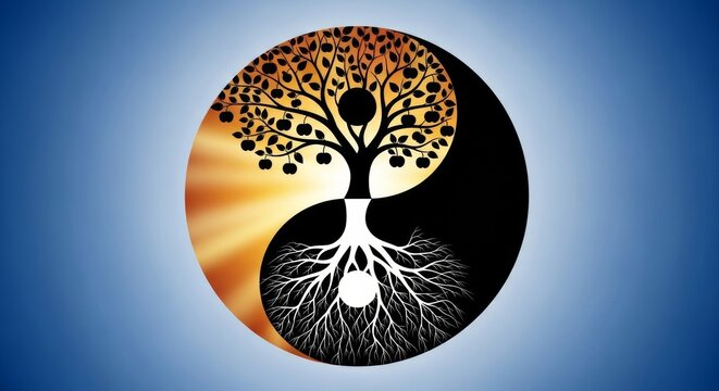 Abundance and spiritual growth represented by a tree of life with fruit centered within a radiant Yin Yang symbol