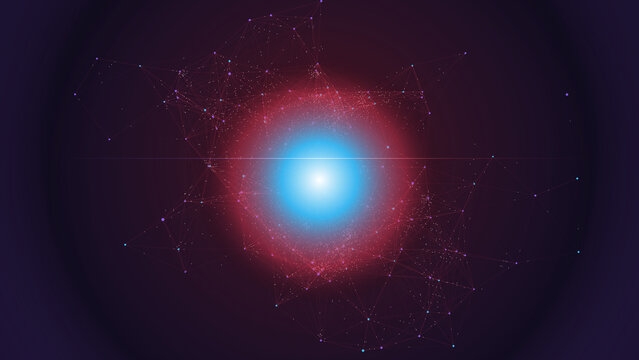 Digital network node with glowing blue center and red plexus grid for high tech designs.