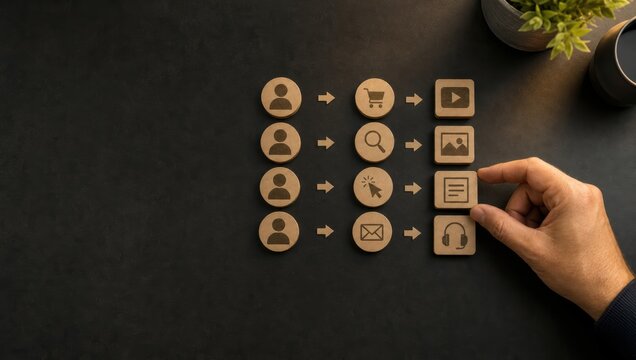 digital marketing strategy personalization. Hand placing wooden icon blocks showing digital marketing and communication concepts on black surface.