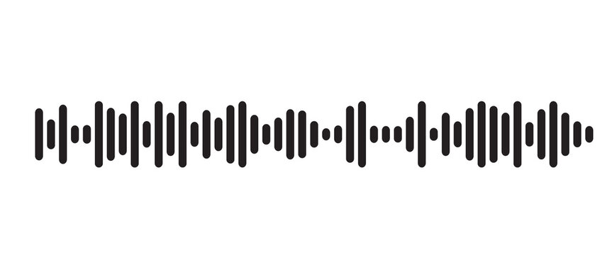 Minimal black audio waveform with vertical sound bars on a light background. Modern equalizer visualization represents music, voice recording and digital audio technology. Clean abstract sound design.