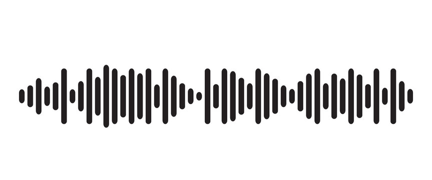 Minimal black audio waveform with vertical sound bars on a light background. Modern equalizer visualization represents music, voice recording and digital audio technology. Clean abstract sound design.