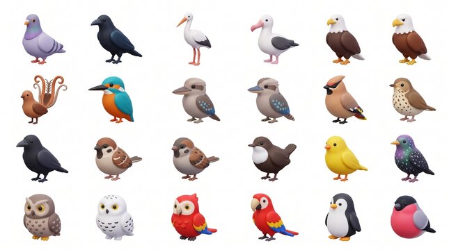 Diverse collection of realistic bird illustrations featuring various species including eagles, owls, and parrots representing wildlife and ornithology