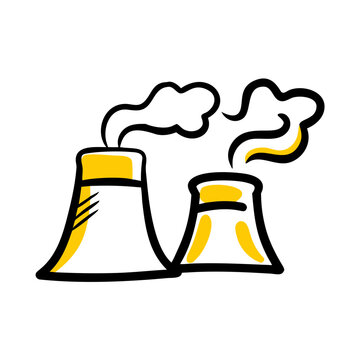 Nuclear power plant icon yellow black smoke energy station.