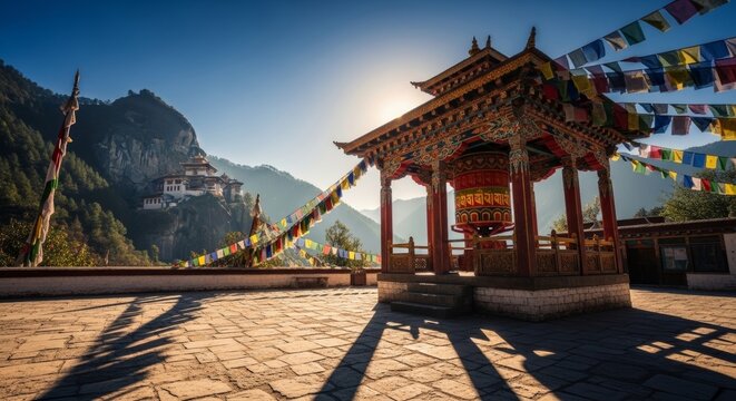 Detailed and vibrant Himalayan prayer wheel pavilion under intense morning sun with deep indigo sky