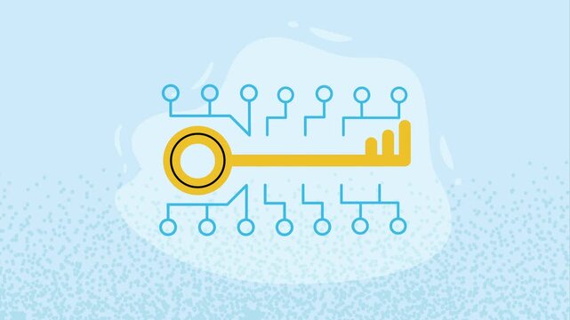 Digital security key with circuit board patterns and blue background representing modern cybersecurity technology motion graphics.