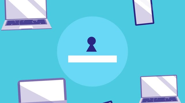 Digital security concept with lock icon and password input among various devices.