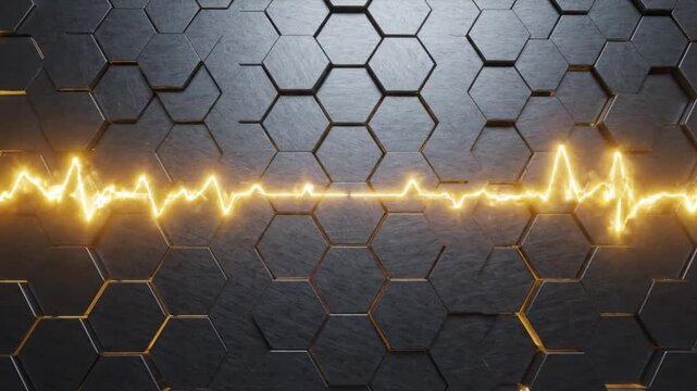 Dark metallic hexagonal tiles background with a horizontal glowing yellow