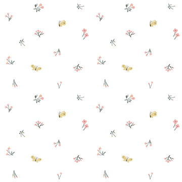 Seamless pattern with delicate watercolor flowers and butterflies on a white background