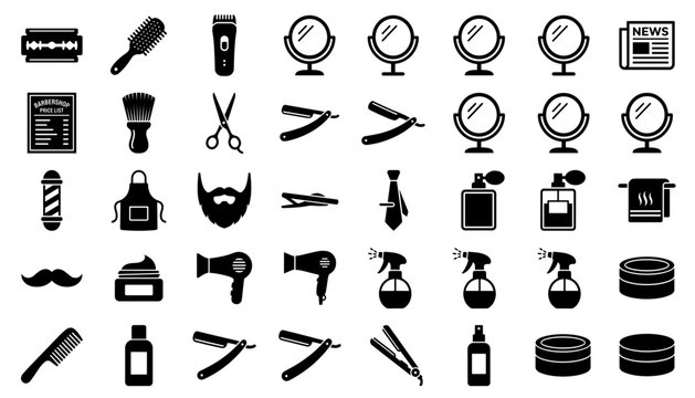 Barber Shop Icon Set &ndash; Black Silhouette Vector Grooming Icons