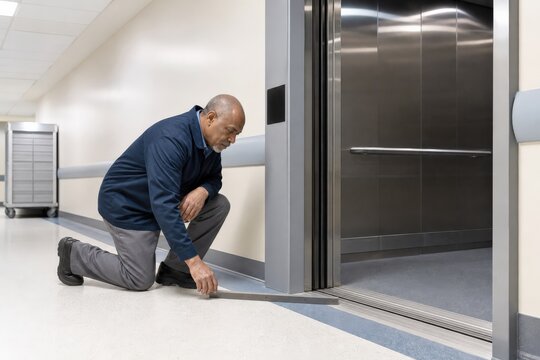 Elevator Safety Inspection One Older Adult Middle Eastern African-American Man Inspector Of Average Build Verifying That An Empty Hospital Car Is Level With The Landing Sill
