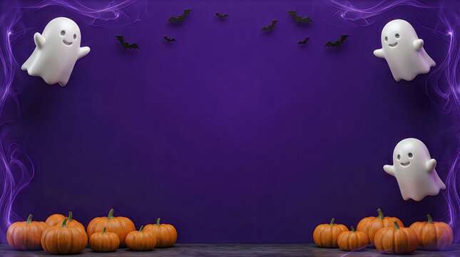 Cute ghost characters and orange pumpkins on a festive purple halloween background