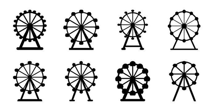 Colorful ferris wheel icons in a row - Set of stylized Ferris wheel icons in black, white, and gray tones arranged neatly for design or presentation use.