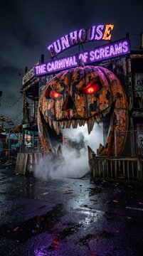 Haunting funhouse entrance with eerie pumpkin decoration and foggy atmosphere at carnival of screams