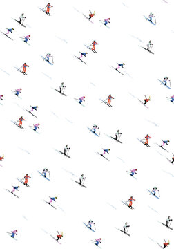 Seamless pattern with skiers on a white background, isolated on white background