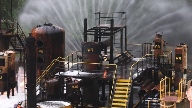 Industrial facility with tanks pipes and platforms