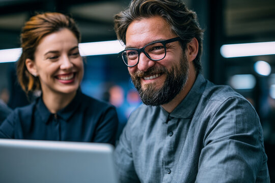 Professional business colleagues working together and smiling in a modern office environment