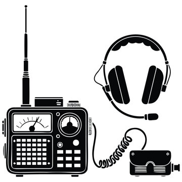 Vintage military radio transmitter with headphones black silhouette vector illustration set.