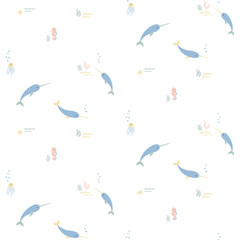 Seamless pattern with cute narwhals, seahorses, jellyfish, and starfish on a white background, perfect for childrens textiles, nursery wallpaper, and baby shower decorations © Creativezone